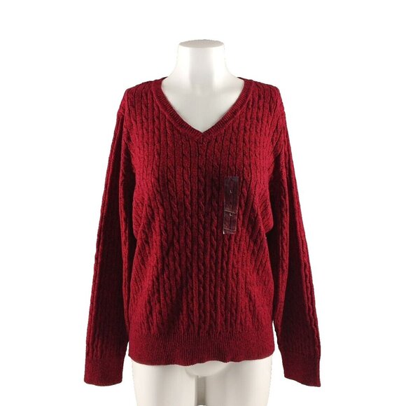NWT KAREN SCOTT Christmas Sweater LARGE(12-14) Red Cable Knit V-neck Cotton 100% - Picture 1 of 12